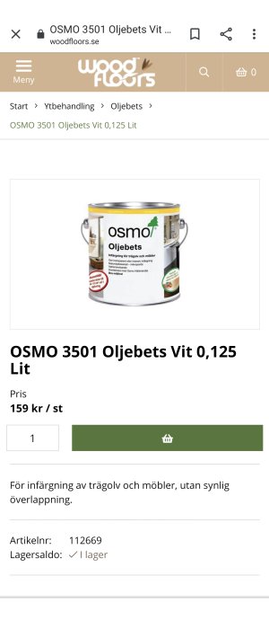 Burk med Osmo Oljebets Vit 3501 på en produktwebbsida, beskrivning av användning på trägolv och möbler.