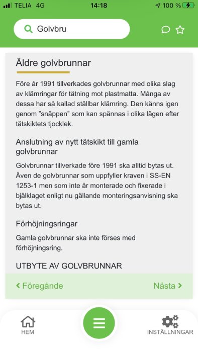 Skärmdump av en diskussion om äldre golvbrunnar och deras installation på ett byggforum.