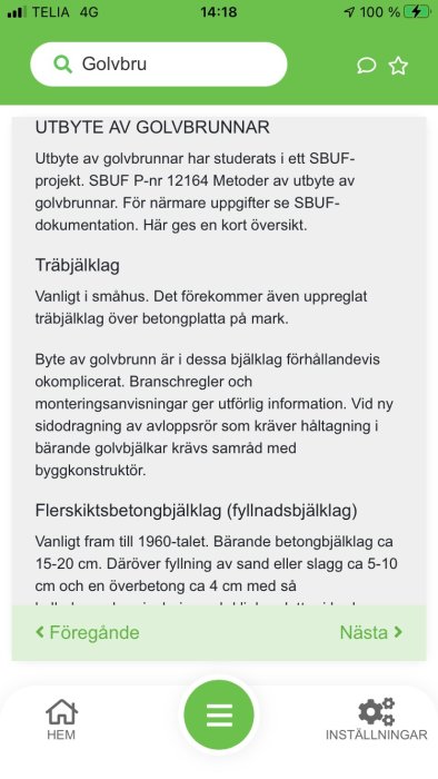 Skärmdump av ett diskussionsforum med inlägg om utbyte av golvbrunnar och information om träbjälklag och flerskiktsbetongbjälklag.