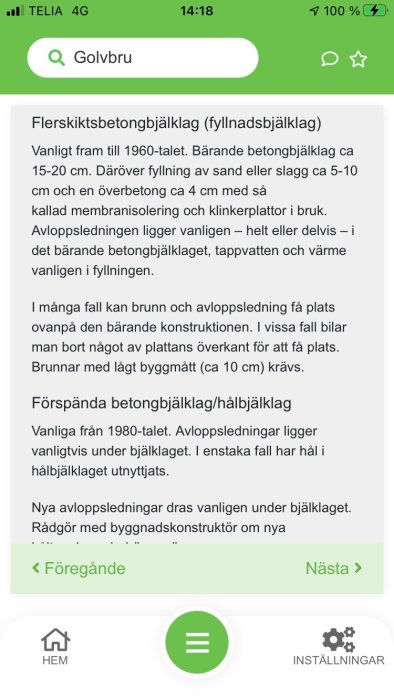 Skärmdump av diskussionsforum som beskriver flerskiktsbetongbjälklag och förspända betongbjälklag/hålplattor.