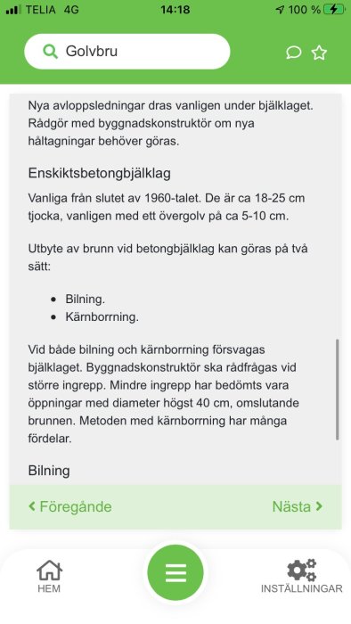 Skärmdump av ett diskussionsforum med text om avloppsledningar och enskiktsbetongbjälklag.