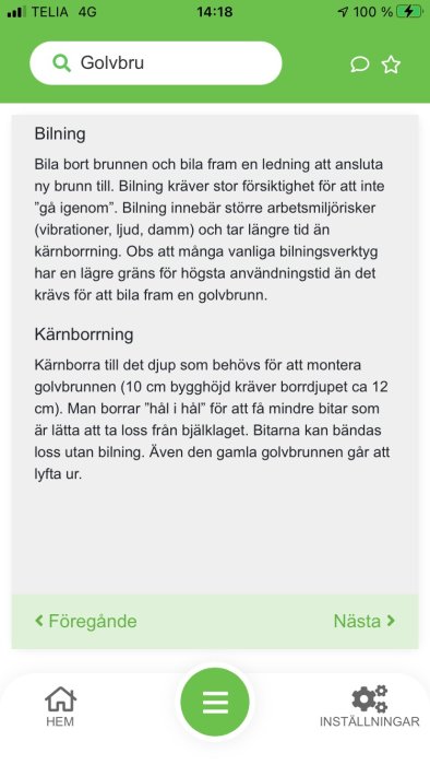 Skärmdump av diskussionsforum om golvvbrunn, text om bilning och kärnborrning.