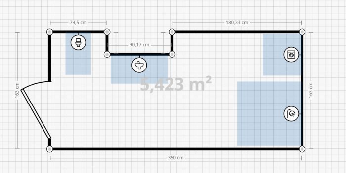 Ritning av badrum med mått och placering av dusch, toalett och handfat, total area 5,423 m².