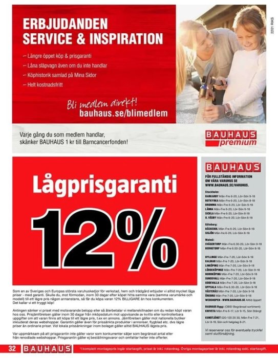 Annonssida för Bauhaus med text om erbjudanden och en bild av en vuxen och ett barn som bygger tillsammans.
