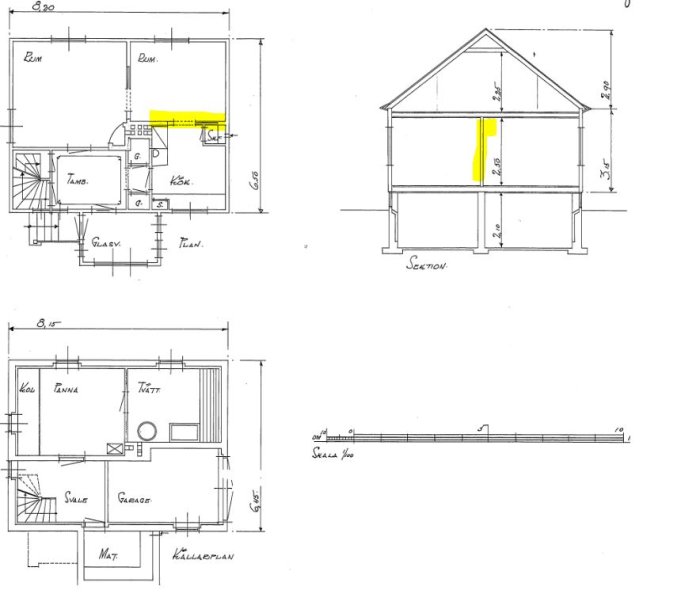 Arkitektritningar av hus med markerad väggsektion, planvyer och fasad, i svart och gult.