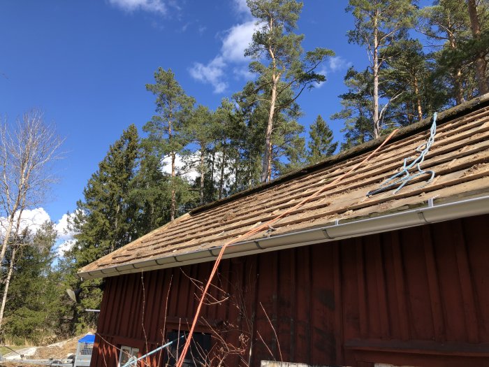 Renoverat hustak med borttaget tegel som avslöjar gammal takpapp och läkt, mot en bakgrund av träd och blå himmel.