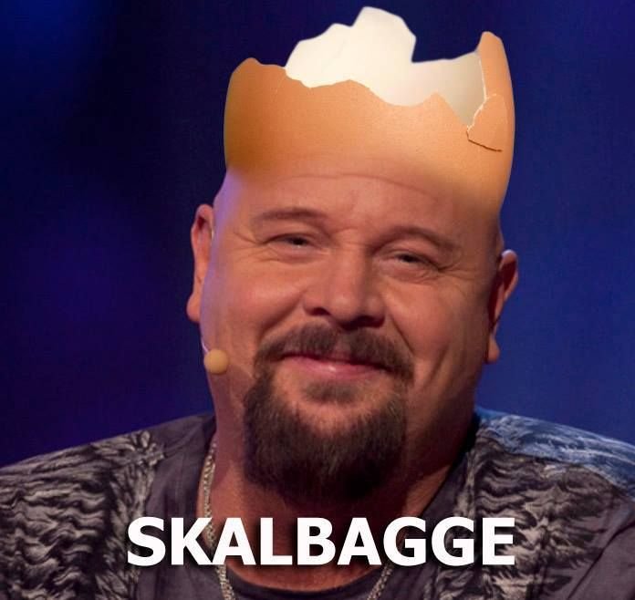 Person med ett digitalt pålagt skalbaggsliknande huvud och texten "SKALBAGGE".