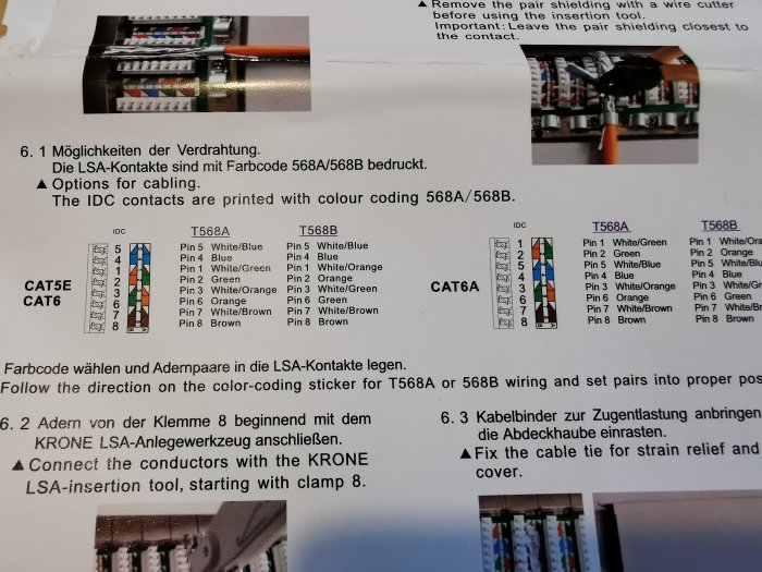 Installationsinstruktion för en 12-portars patchpanel med färgkodning för CAT5E och CAT6, visar T568A och T568B-kablage.