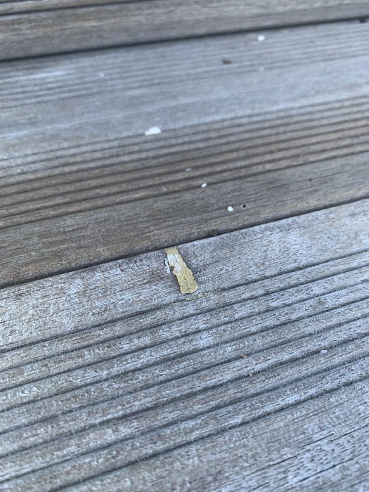 Okänd gulaktig substans på trätrallens yta.
