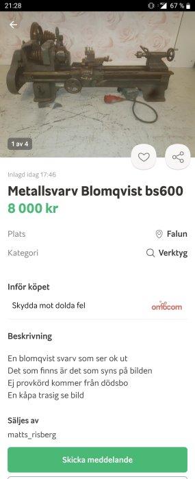 Metallsvarv av märket Blomqvist bs600 på ett lätt nedsmutsat underlag med ros-tapet i bakgrunden.