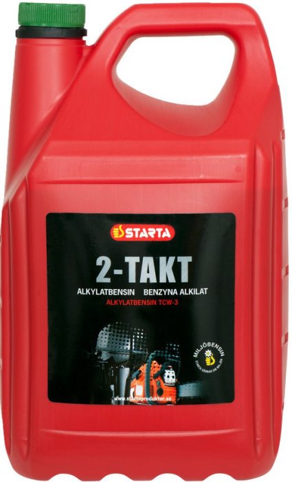 Röd dunk märkt "2-TAKT" för alkylatbensin, olämplig för luftkylda småmotorer enligt inlägget.