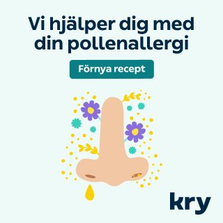 Illustration av en näsa med pollen och texten "Vi hjälper dig med din pollenallergi - Förnya recept".