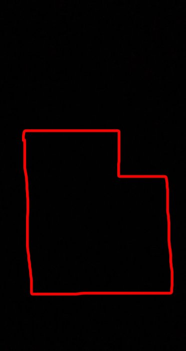 Enkel ritning av ett sovrums planlösning markerad med röda linjer på en svart bakgrund.