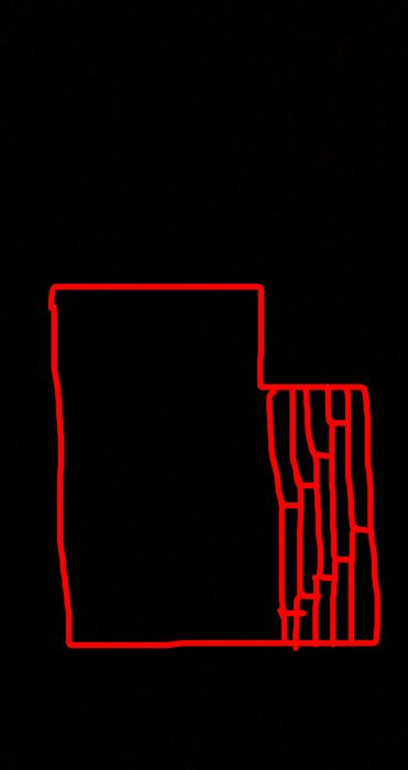 Ritning av sovrum med pågående laminatläggning i trappstegsdesign, oroväckande skarvar synliga.