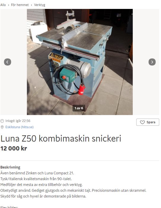 Luna Z50 kombimaskin för snickeri i fint skick med tillbehör utomhus.