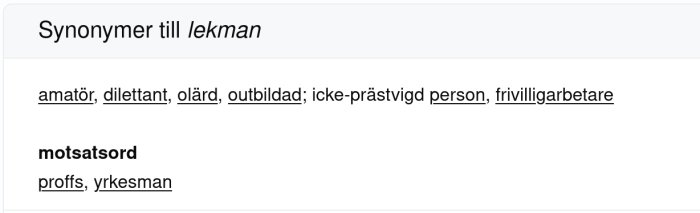 Skärmdump som visar synonymer och motsatsord till ordet lekman från en webbsida.
