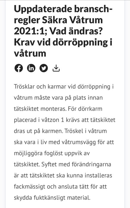 Textdokument om uppdaterade branschregler för Säkra Våtrum 2021, med fokus på krav vid dörröppningar i våtrum.