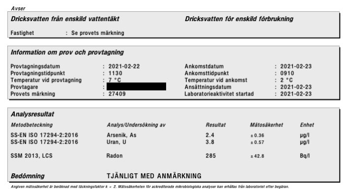 Vattenanalysrapport för enskilt dricksvatten visar provresultat, bland annat PH-värde, arsenik och radon.