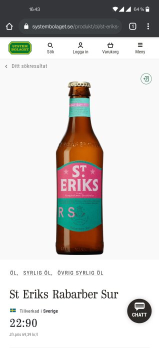 Flaska S:t Eriks Rabarber Sur öl på Systembolagets webbplats, med priset och produktinformation synlig.
