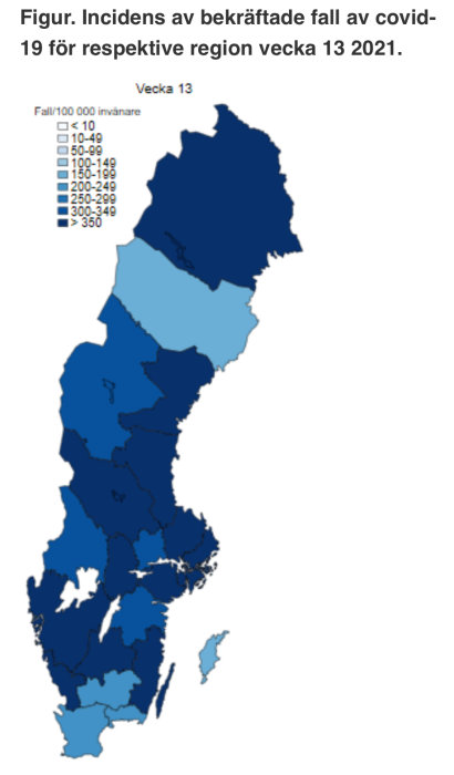 Karta över Sverige som visar incidensen av bekräftade COVID-19 fall per region under vecka 13, 2021.