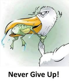 Tecknad bild av en groda som håller en storks hals i ett fast grepp för att undvika att bli uppäten, med texten "Never Give Up!".