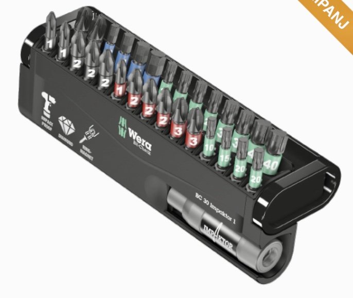 Wera bitssats med olika storlekar av färgkodade bits organiserade i en svart hållare.