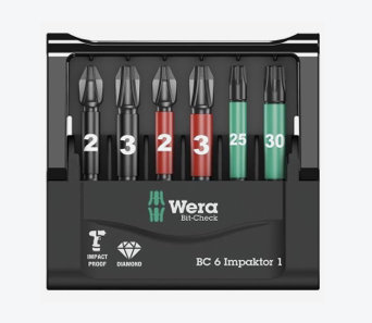 Set med Wera bits i olika storlekar och färger i en kompakt förpackning.
