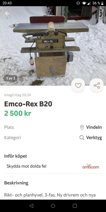 Begagnad Emco-Rex B20 kombinerad hyvel och sågmaskin utomhus i snöig miljö, på en försäljningsannons.