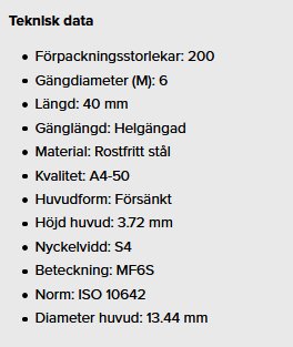 Teknisk specifikation för syrafasta insexskruvar inklusive förpackningsstorlek, mått och material.