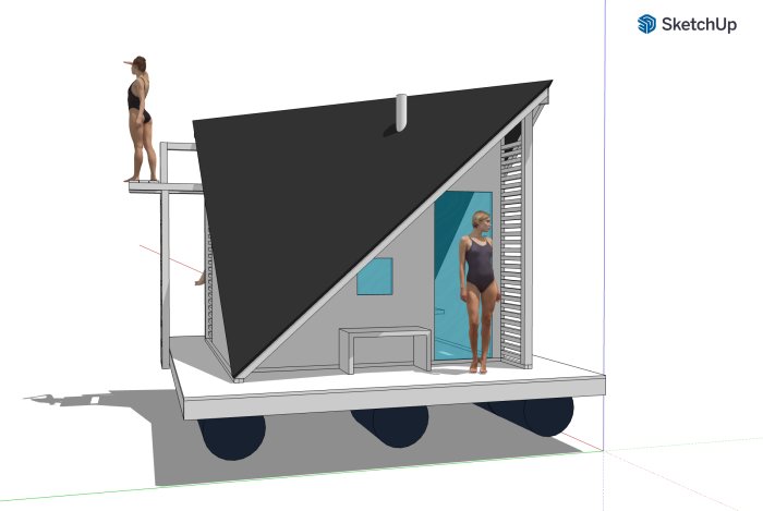 3D-skiss av en bastuflotte med diagonalt A-frame hus och två figurer.