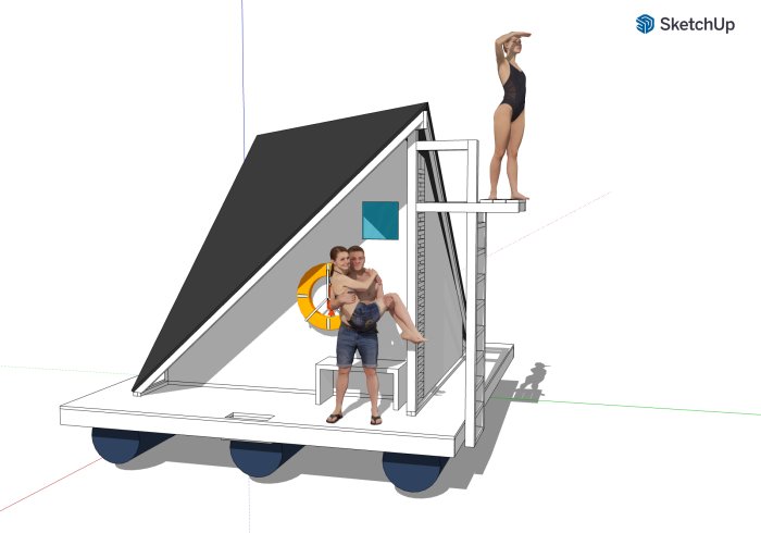 Skiss av en unik bastuflotte med diagonal A-frame, personer på flotten ger skalan.