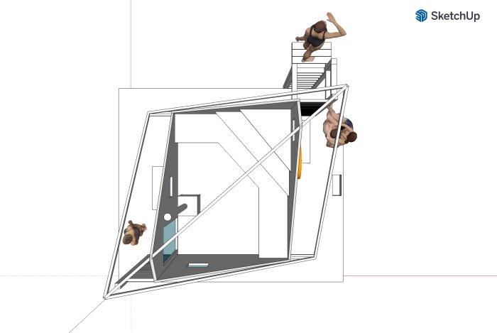 Skiss av en innovativ bastuflotte med diagonal A-frame design i 3D-modelleringsprogram.