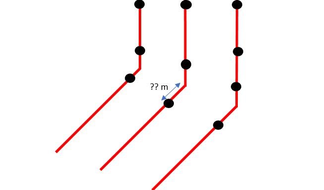 Skiss av trädäcks konstruktion med bärlinor i vinkel och plintarnas placering markerade.