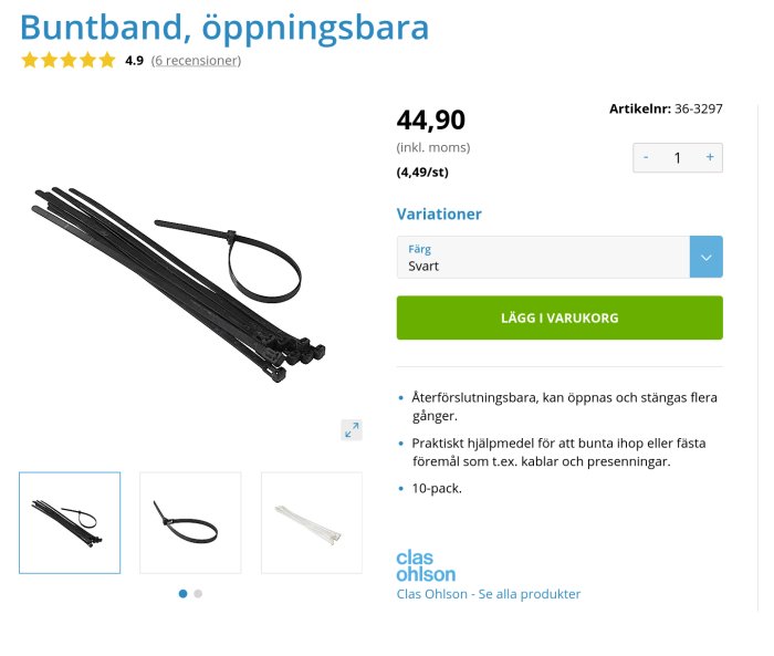 Svarta återöppningsbara buntband i 10-pack från Clas Ohlson.