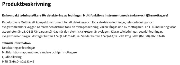 Skärmdump av produktbeskrivning för en ledningssökare, betonar användning för tele-, coaxial-, svagströmsledningar.