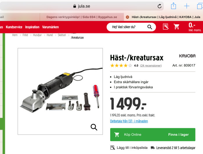 Elektrisk klippmaskin för djur från Kayoba med extra skär och tillbehör, visad på webbutikens produktsida.