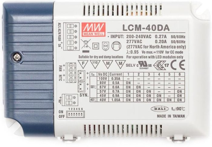 Meanwell LCM-40DA LED-driver med tabell för DIP-switch inställningar och tekniska specifikationer.