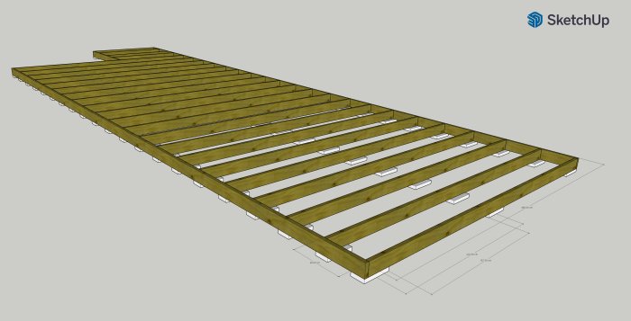 3D-modell av träaltan under konstruktion med plattor och reglar i ett designprogram.