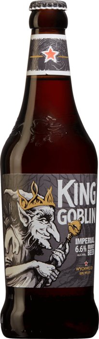 En flaska öl märkt "King Goblin" från Wychwood Brewery med en illustration av en goblin som håller en bägare.