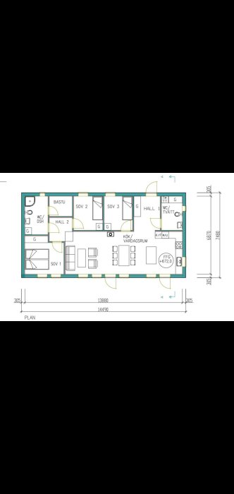 Arkitektonisk ritning av husplan med märkta rum som kök, vardagsrum och sovrum.