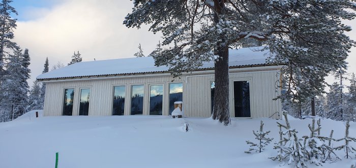 Nybyggt hus omgivet av snötäckt landskap och barrträd med stora fönster och träfasad.