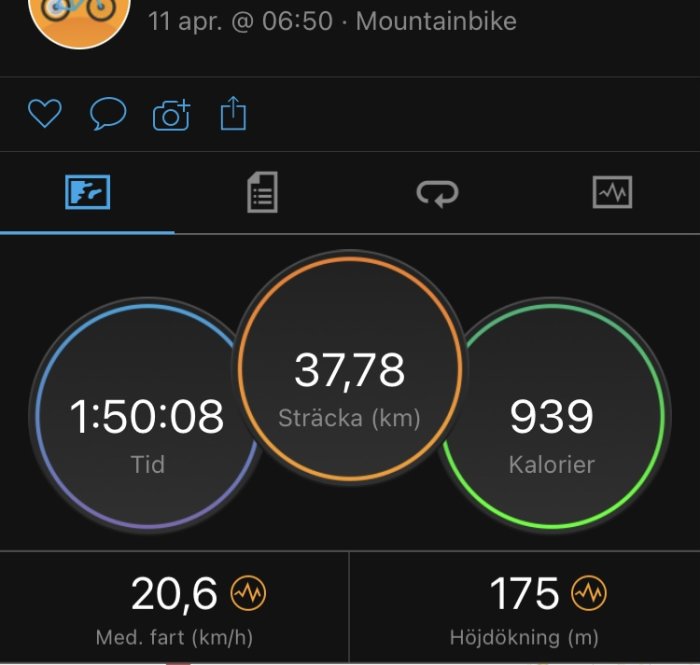 Appgränssnitt visar mountainbikeprestationer med tid, sträcka, kalorier, medelfart och höjdvinst.