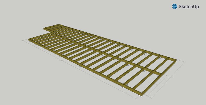 3D-modell av en byggnadsstomme på 12x2.8 meter med en extra del på 2x2 meter, skapad i SketchUp.