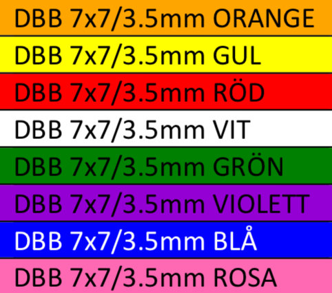 Färgkodning för olika DBB 7x7/3.5mm mikrorör, med orange överst och rosa nederst.