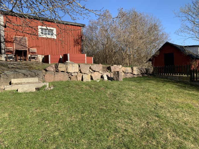 Granitstensmur mot bergskant intill röd stuga, gräsmatta i förgrunden.