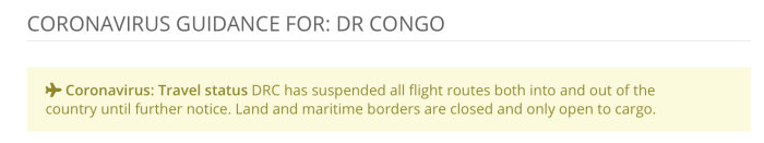 Information om att DR Kongo har stängt alla flygrutter och gränser på grund av coronaviruset, endast lasttrafik tillåten.