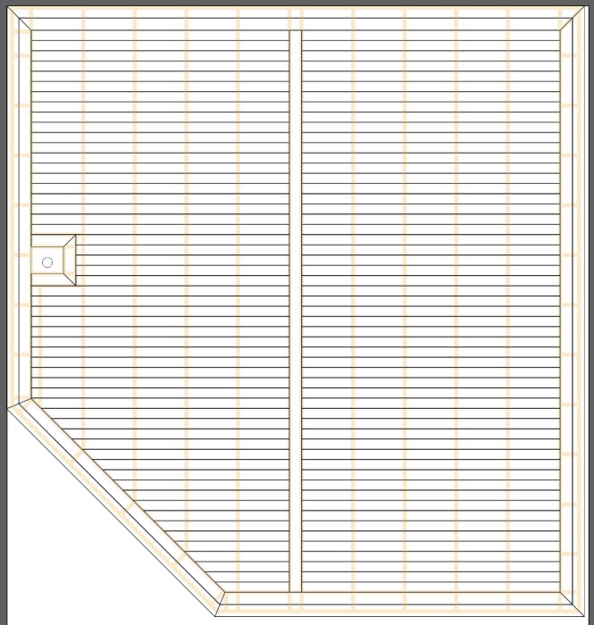 Ritad plan över trädäck med skruvreglar och snedsågad kant nära frisen, utan synliga skarvar på mitten.
