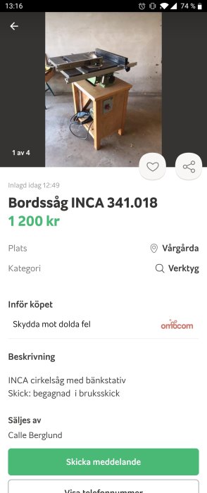 INCA cirkelsåg modell 341.018 på ett bänkstativ i en verkstadsmiljö.