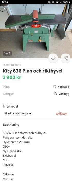 Kity 636 planhyvel och rikthyvel i verkstadsomgivning, använd men i fungerande skick.