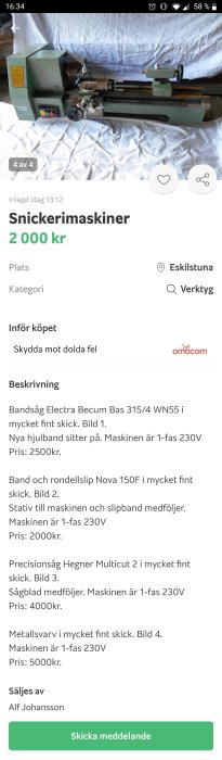 Metallsvarv i fint skick med information om pris och specifikationer från en försäljningsannons.